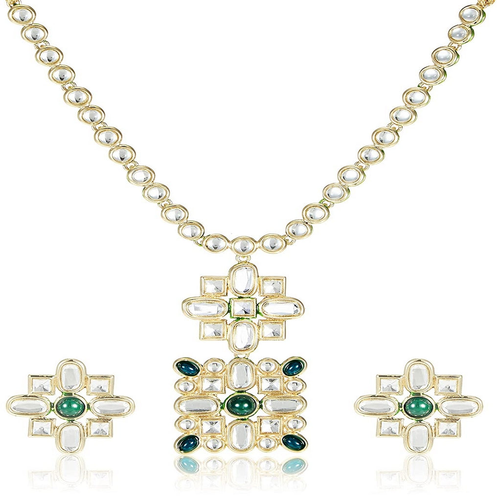 Estele 24 Kt Gold Plated Green Kundan Traditional Necklace Jewellery Set for Women