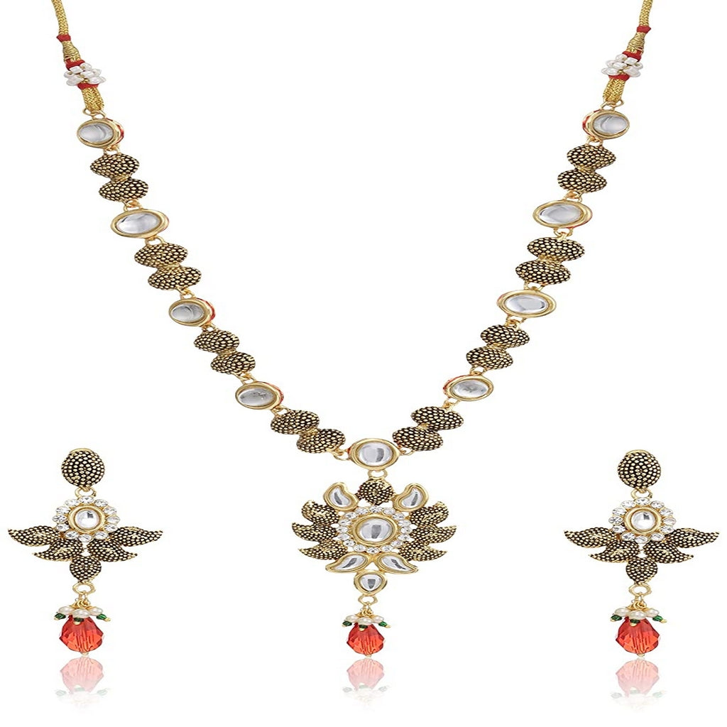 Estele 24 Kt Gold Plated Kundan Beaded Flower Necklace Set with Earrings for women