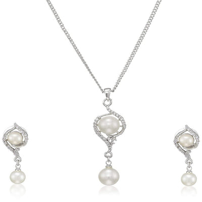 Estele - 24 KT Rhodium Plated fancy Pearl Drop Pendant Set for Women