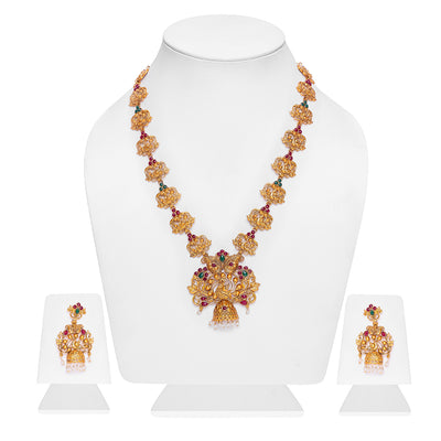 Estele Gold Plated Majestic Peacock Nakshi Temple Necklace Set with Colored Stones & Pearls for Women