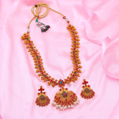 Estele Gold Plated Double line Peacock Nakshi Temple Necklace Set with Colored Stones & Pearls for Women