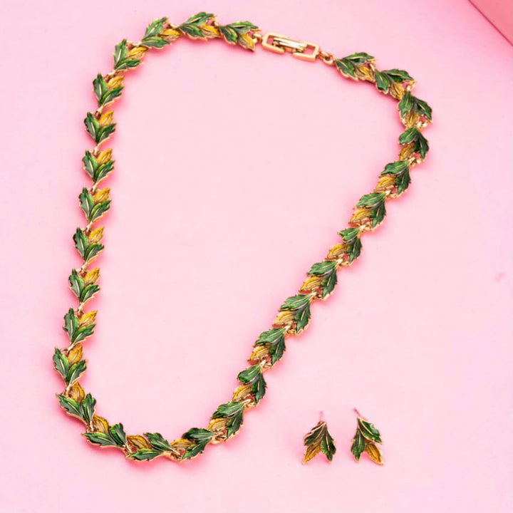Estele 24 Kt Gold Plated Flower leaf in Green Enamel Necklace for Women