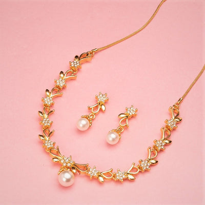 Estele Gold Plated Elegant Bow Necklace Set with Pearl for Women