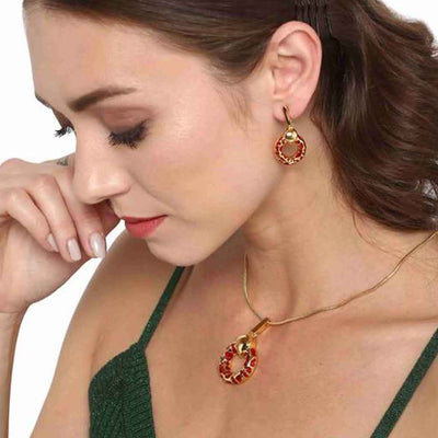 Estele Gold Plated- Red Enamel and gold metallic ring pendant set