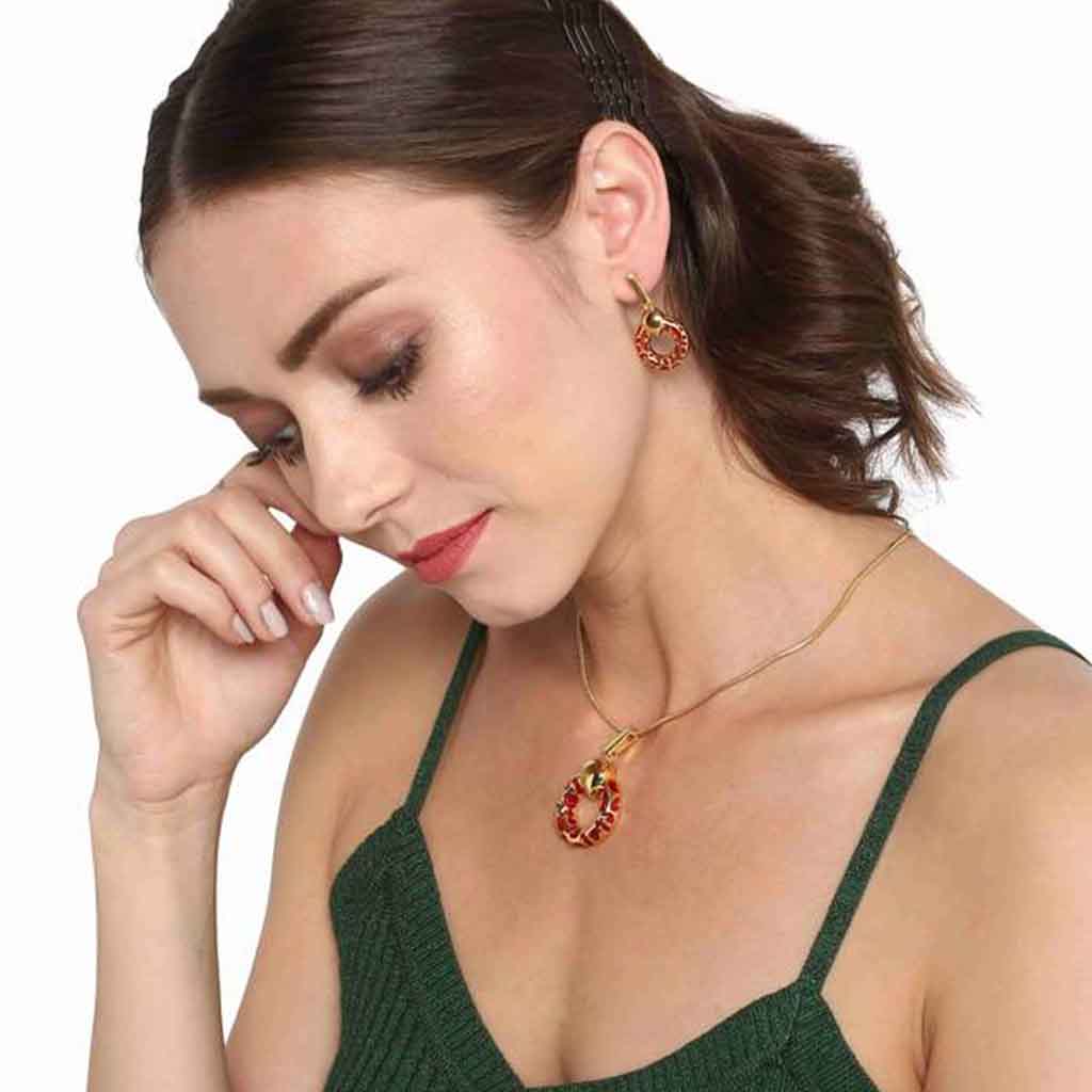 Estele Gold Plated- Red Enamel and gold metallic ring pendant set