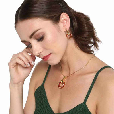 Estele - Red Enamel and gold metallic ring pendant set