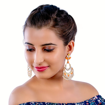 Bollywood style chandbali, Long fashion earring in colourful orange yellow and peach. 