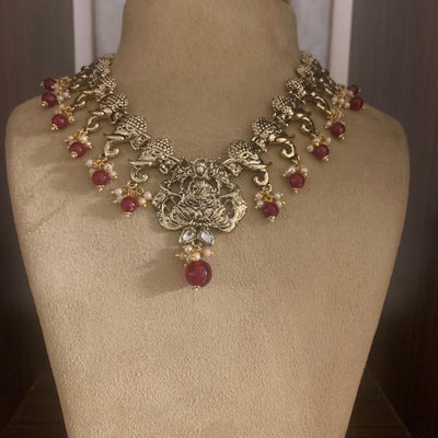 Estele Gold Plated Antique Elegant Laxmi Devi Embellished with Elephants with Austrian Crystals, Ruby Beads & pearls Necklace set for Women