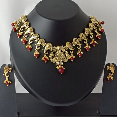 Estele Gold Plated Antique Elegant Laxmi Devi Embellished with Elephants with Austrian Crystals, Ruby Beads & pearls Necklace set for Women
