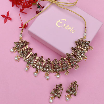 Estele Gold Plated Antique Divine Laxmi Choker With Kundan & Pearl Necklace Set for Women