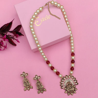 Estele Gold Plated Exquisite Laxmi Devi Pearl Necklace Set with Austrian Crystals & Red Beads for Women