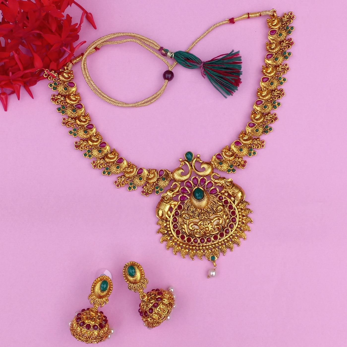 Estele Gold Plated Artistically Crafted Gajaraj with Peacocks Nakshi Temple Necklace Set