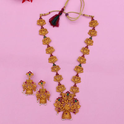 Estele Gold Plated Majestic Peacock Nakshi Temple Necklace Set with Colored Stones & Pearls for Women
