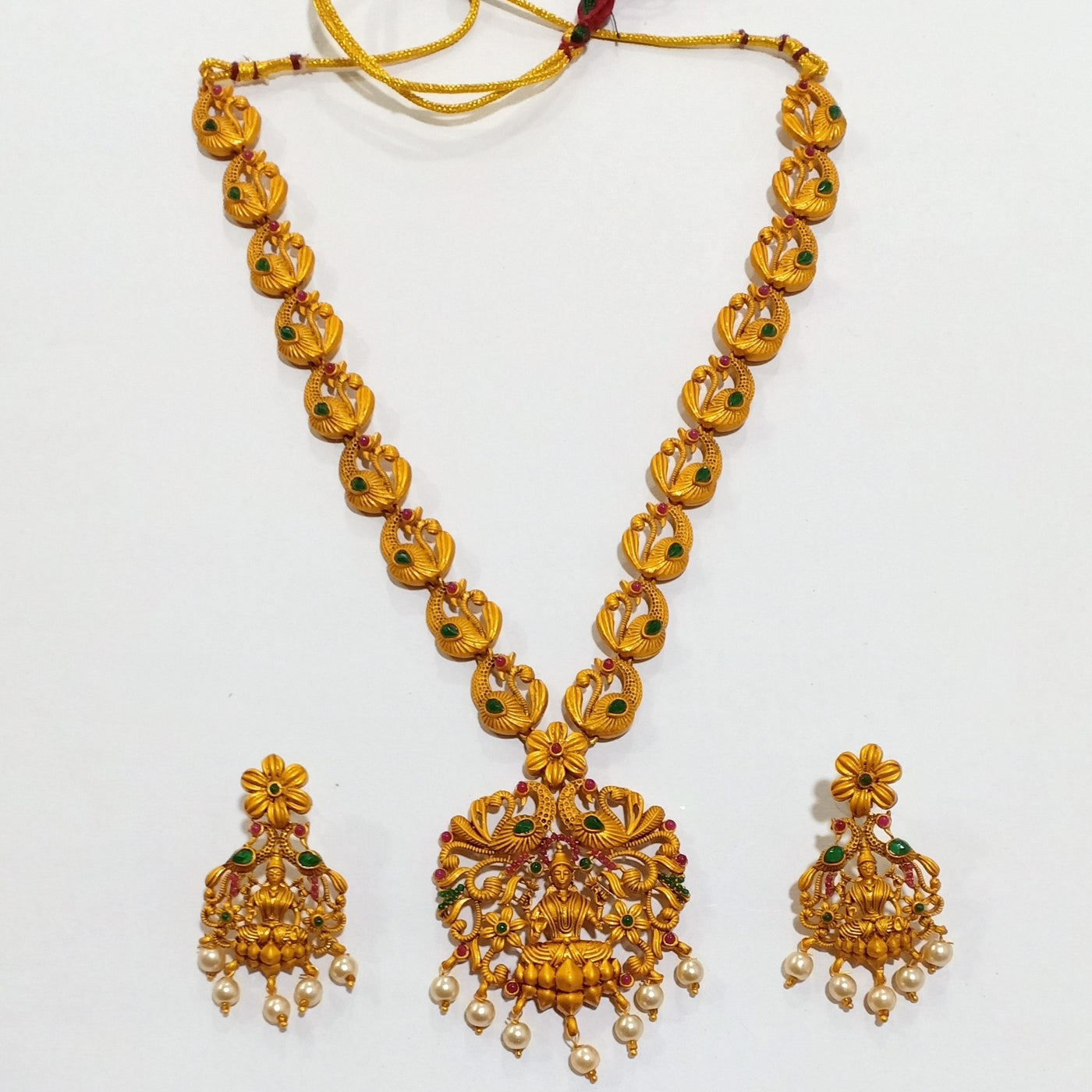 Estele Gold Plated Spiritual Blessings Lakshmi Ji Nakshi Temple Set with Colored Stones &Pearls Pearls for Women
