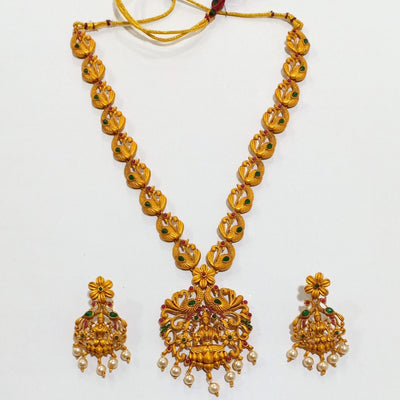 Estele Gold Plated Spiritual Blessings Lakshmi Ji Nakshi Temple Set with Colored Stones &Pearls Pearls for Women