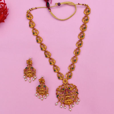 Estele Gold Plated Spiritual Blessings Lakshmi Ji Nakshi Temple Set with Colored Stones & Pearls for Women