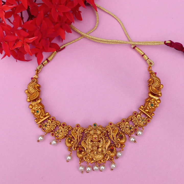 Estele Gold Plated Sacred Godess Lakshmi Nakshi Temple Necklace Set with Colored Stones & Pearls for Women