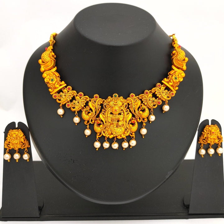 Estele Gold Plated Sacred Godess Lakshmi Nakshi Temple Necklace Set with Colored Stones & Pearls for Women