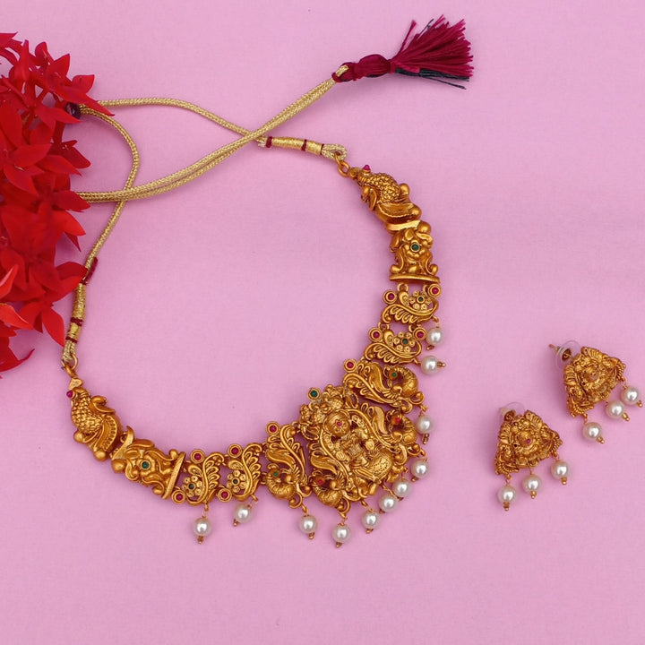 Estele Gold Plated Sacred Godess Lakshmi Nakshi Temple Necklace Set with Colored Stones & Pearls for Women