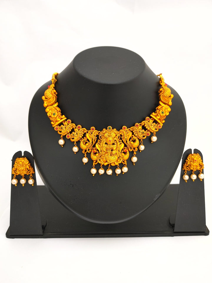 Estele Gold Plated Sacred Godess Lakshmi Nakshi Temple Necklace Set with Colored Stones & Pearls for Women