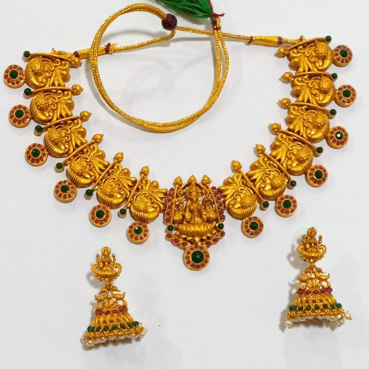 Estele Gold Plated Divinely Crafted Lakshmi Ji Matt Finish Temple Necklace Set with Colored Stones and Pearls for Women