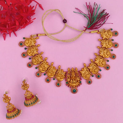 Estele Gold Plated Divinely Crafted Lakshmi Ji Matt Finish Temple Necklace Set with Colored Stones and Pearls for Women