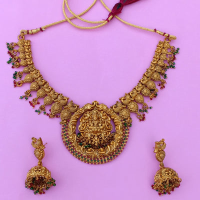 Estele Matt Gold Finish Divine Lakshmi Ji with Peacocks Nakshi Temple Necklace Set for Women with Colored Stones and Beads