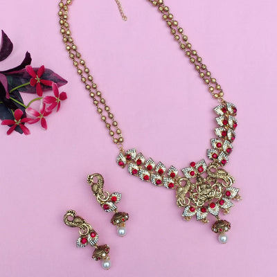 Estele Gold Plated Antique Ethnic Goddess Laxmi Devi & Peacock Designer Necklace Set with Austrian Crystals, Ruby stones & Pearl for Women