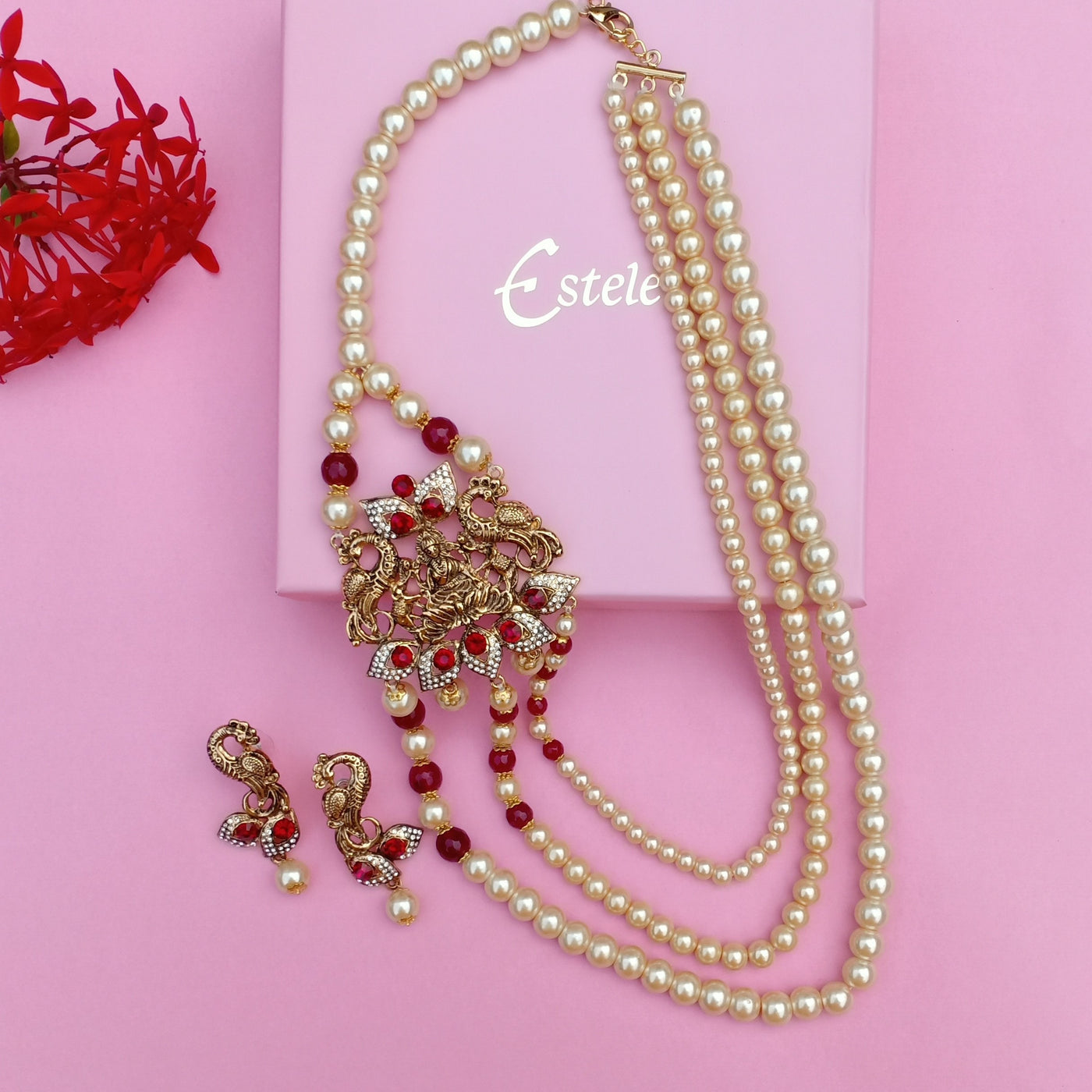 Estele Gold Plated Antique 3 Lines Pearl Necklace with Laxmi Devi & Peacock Finish Necklace Set with Austrian Crystals,Ruby stones & Red Beads for Women
