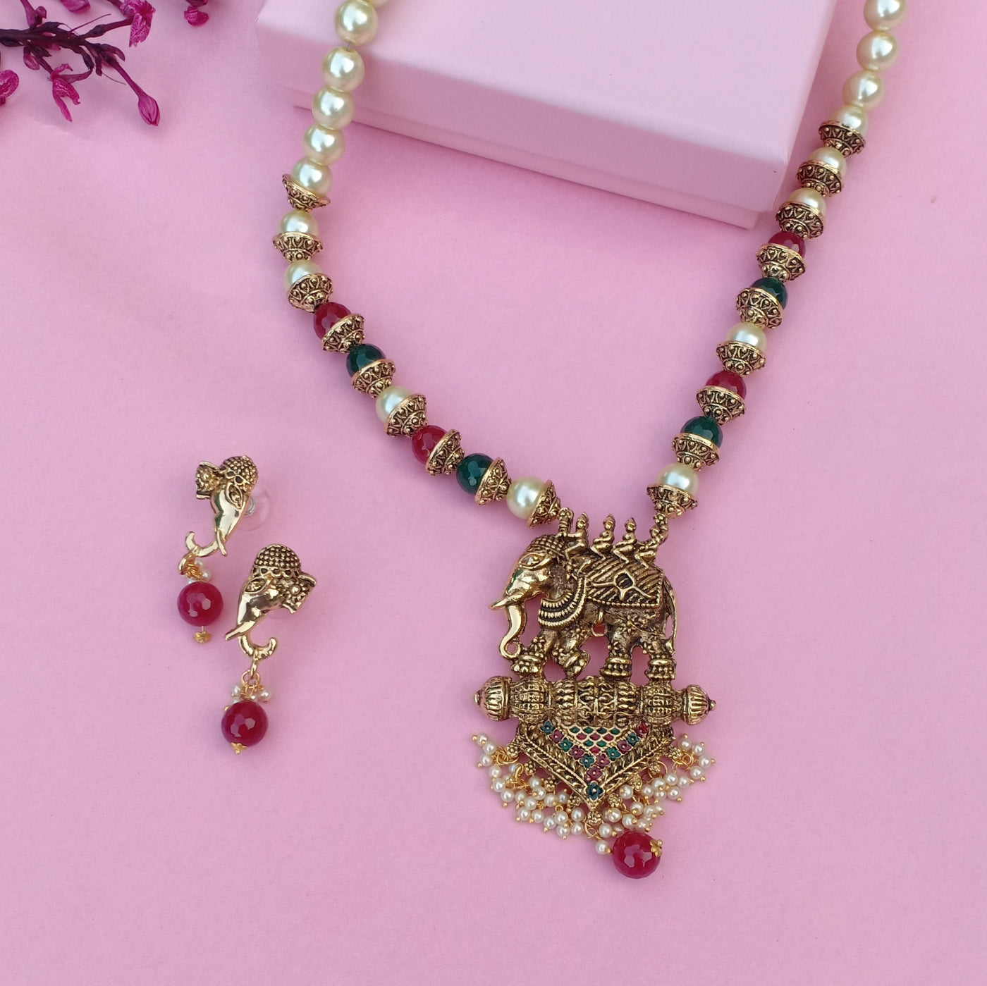 Estele Gold Plated Antique Adorable Elephant Pearl Necklace Set with Beads & Enamel for Women