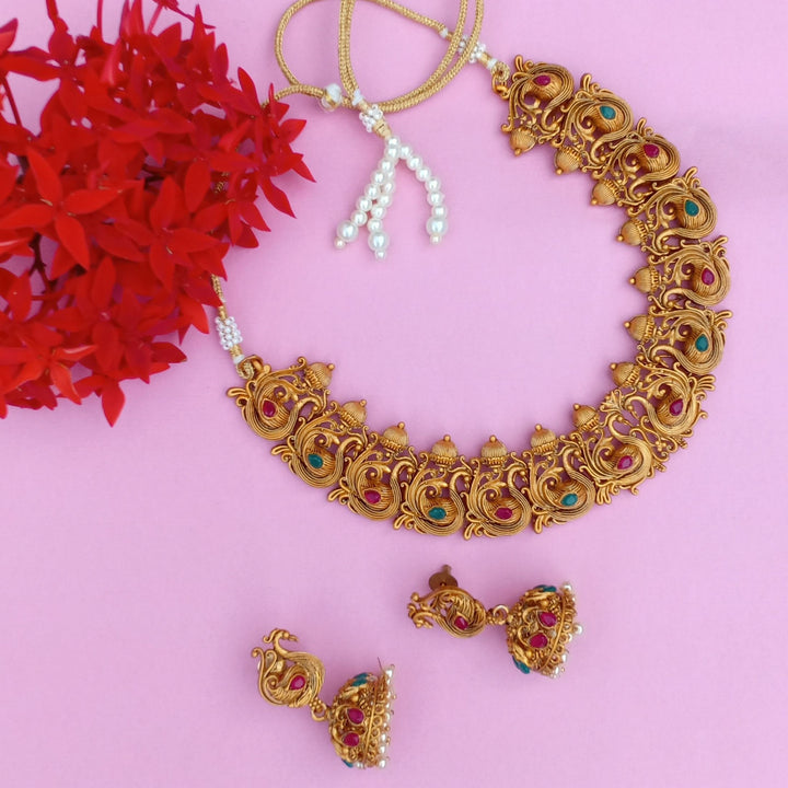 Estele - Gold Plated Holy Swans Designer Nakshi Temple Necklace Set with Colored Stones and Pearls for Women