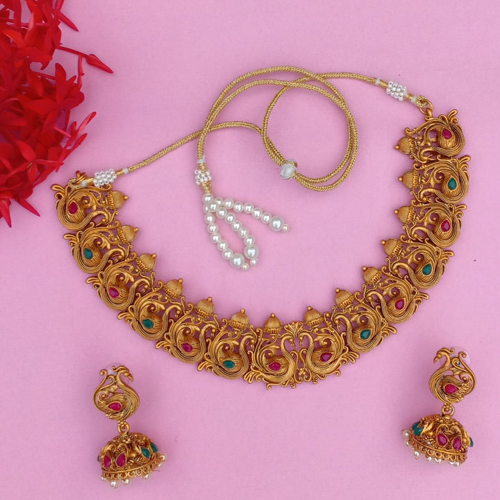 Estele - Gold Plated Holy Swans Designer Nakshi Temple Necklace Set with Colored Stones and Pearls for Women