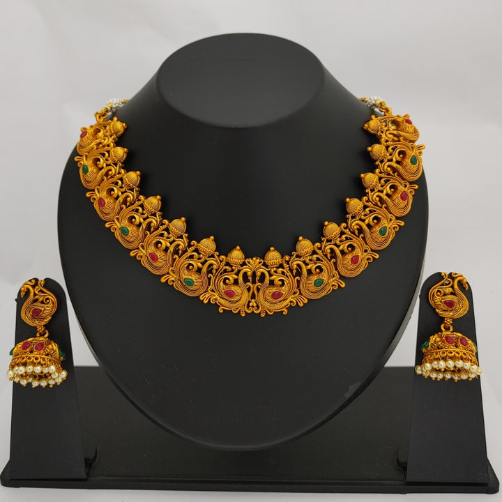 Estele - Gold Plated Holy Swans Designer Nakshi Temple Necklace Set with Colored Stones and Pearls for Women