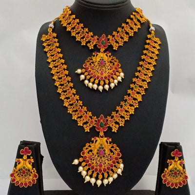 Estele Gold Plated Double line Peacock Nakshi Temple Necklace Set with Colored Stones & Pearls for Women