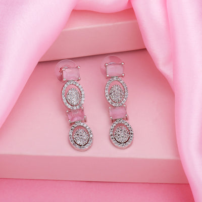 Estele Rhodium Plated CZ Sparkling Earrings with Mint Pink Crystals for Women