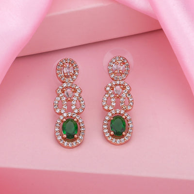 Estele Rose Gold Plated CZ Beautiful Earrings with Green Crystals for Women