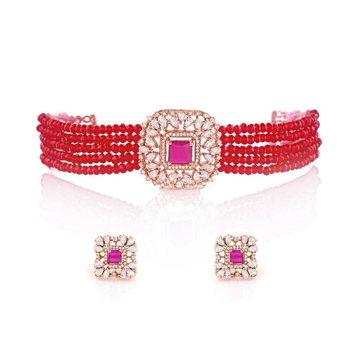 Estele Rose Gold Plated CZ Square Shaped Choker Necklace Set for Women