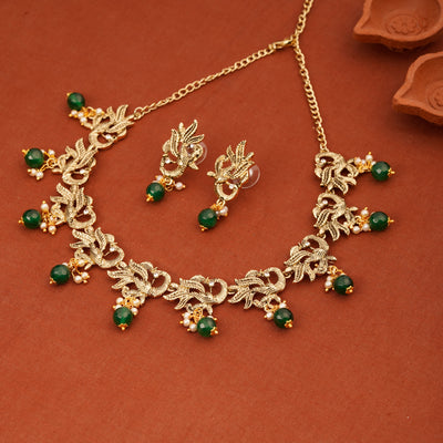 Estele Gold Plated Antique Peacock Designer Choker Necklace Set with Austrian crystals, Green Beads & Pearls for Women