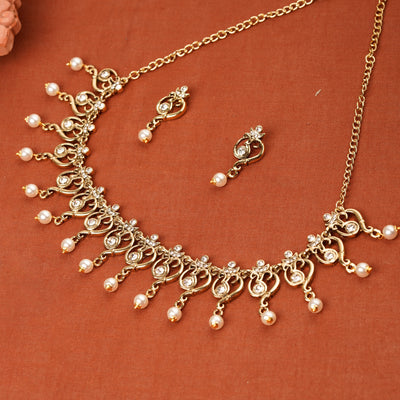 Estele Gold Plated Antique Spiritual Om Shaped Necklace Set with Austrian Crystals & Glowing Pearls for Women