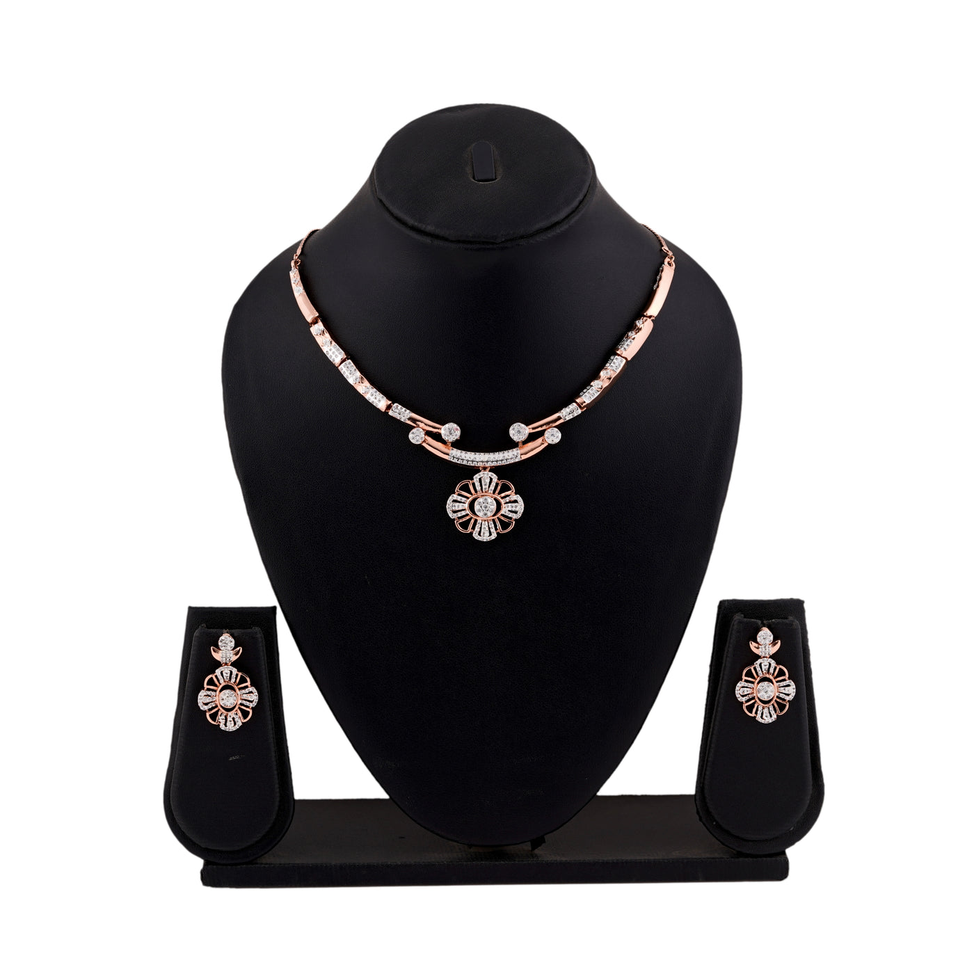 Estele Rose Gold Plated CZ Floral Designer Necklace Set for Women