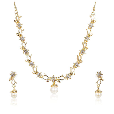 Estele Gold Plated Elegant Bow Necklace Set with Pearl for Women