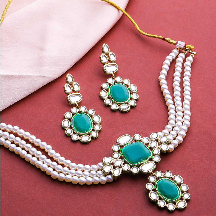 Estele Stunning Emerald and Kundan Choker Set with Pearls for Women