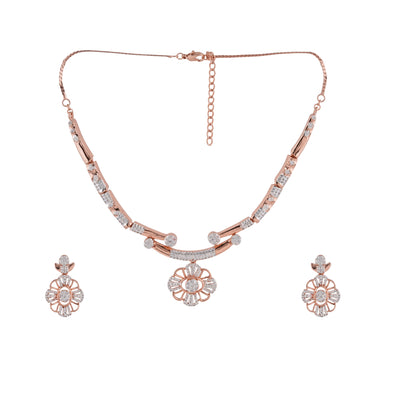 Estele Rose Gold Plated CZ Floral Designer Necklace Set for Women