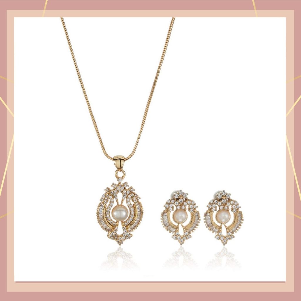Estele Elegant pearl and American diamond fancy shaped Pendant Set for Women