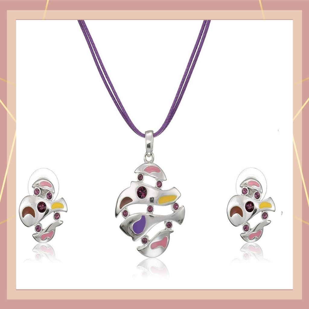 Estele Silver Plated Abstract Shape with Enamel and Austrian Crystal Necklace Set for Women