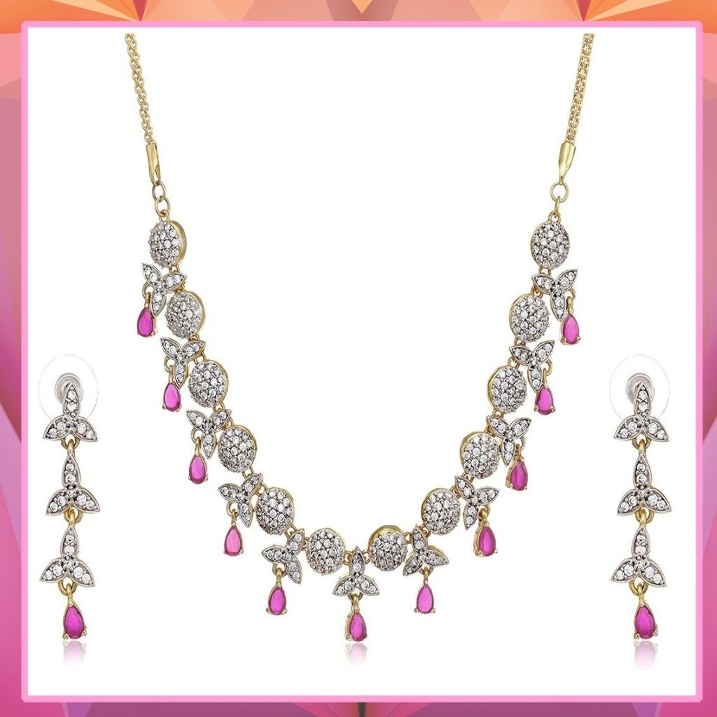 Estele - Fancy Ruby stones and American Diaomond Gold plated Necklace Set