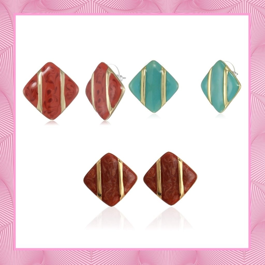 Estele Valentine's Day Earrings For Women - Enamel and Gold Plated Combo Iamond shaped Earrings Set For Girls & Women