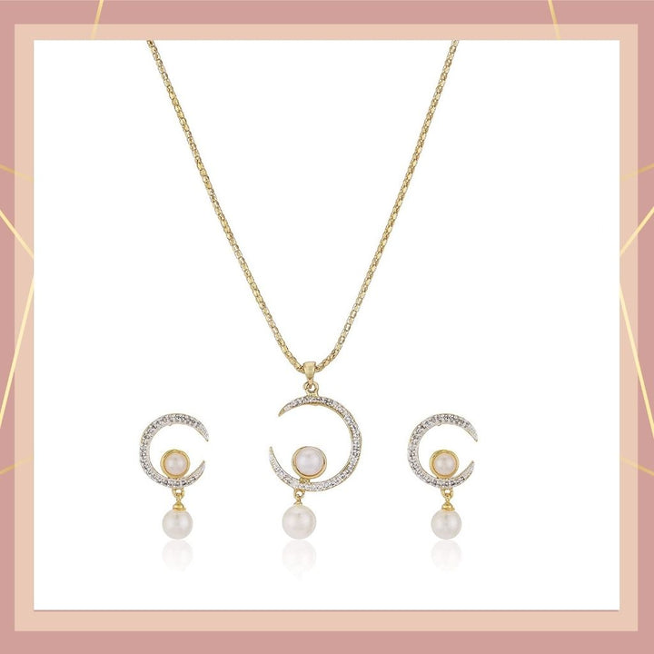 Estele Gold Plated Crescent Shaped Pendant Set with American Diamonds and Pearl Drop for Women / Girls