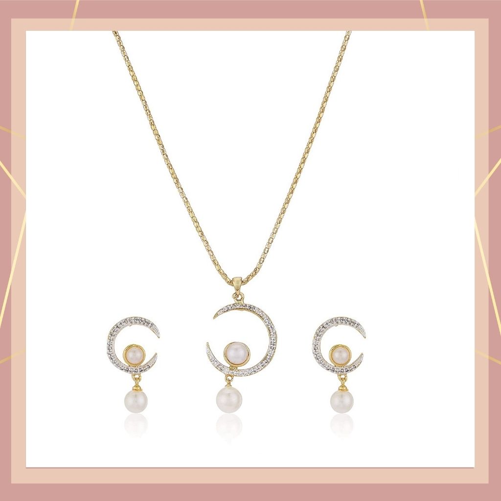 Estele Gold Plated Crescent Shaped Pendant Set with American Diamonds and Pearl Drop for Women / Girls