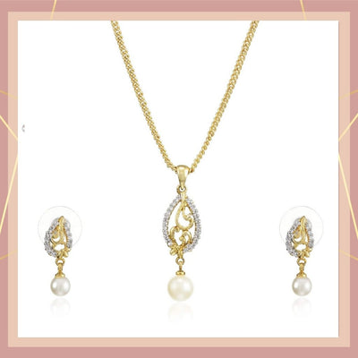 Estele 24 Kt Gold Plated CZ Leaf Designer Pendant Set with Pearls for Women